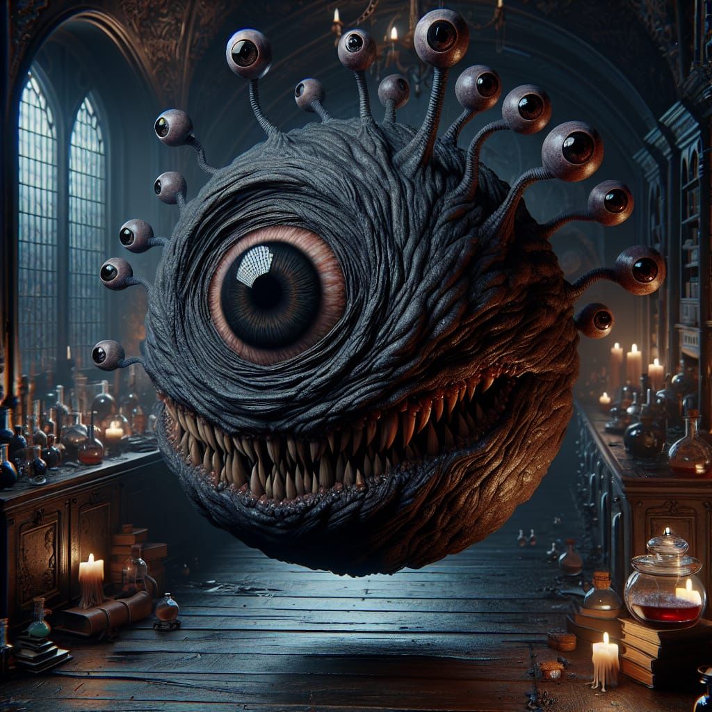 Hyperrealistic Beholder in Wizard's Laboratory in 8k