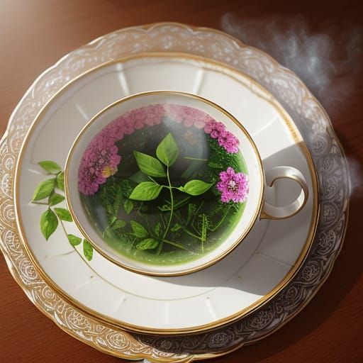 Steaming Cup of Tea in Vibrant, Ornate Setting