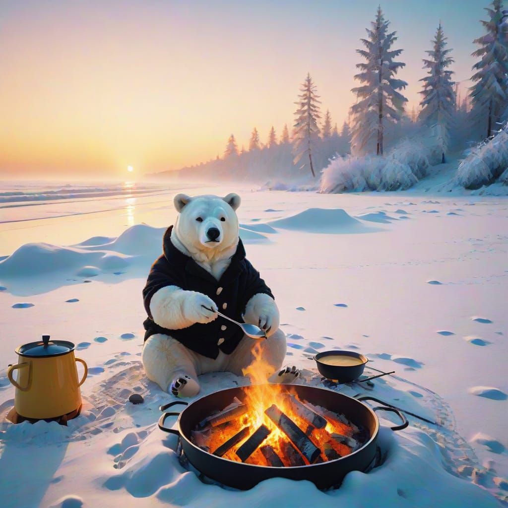 Icy Winter Beach with Bear Roasting Fondue