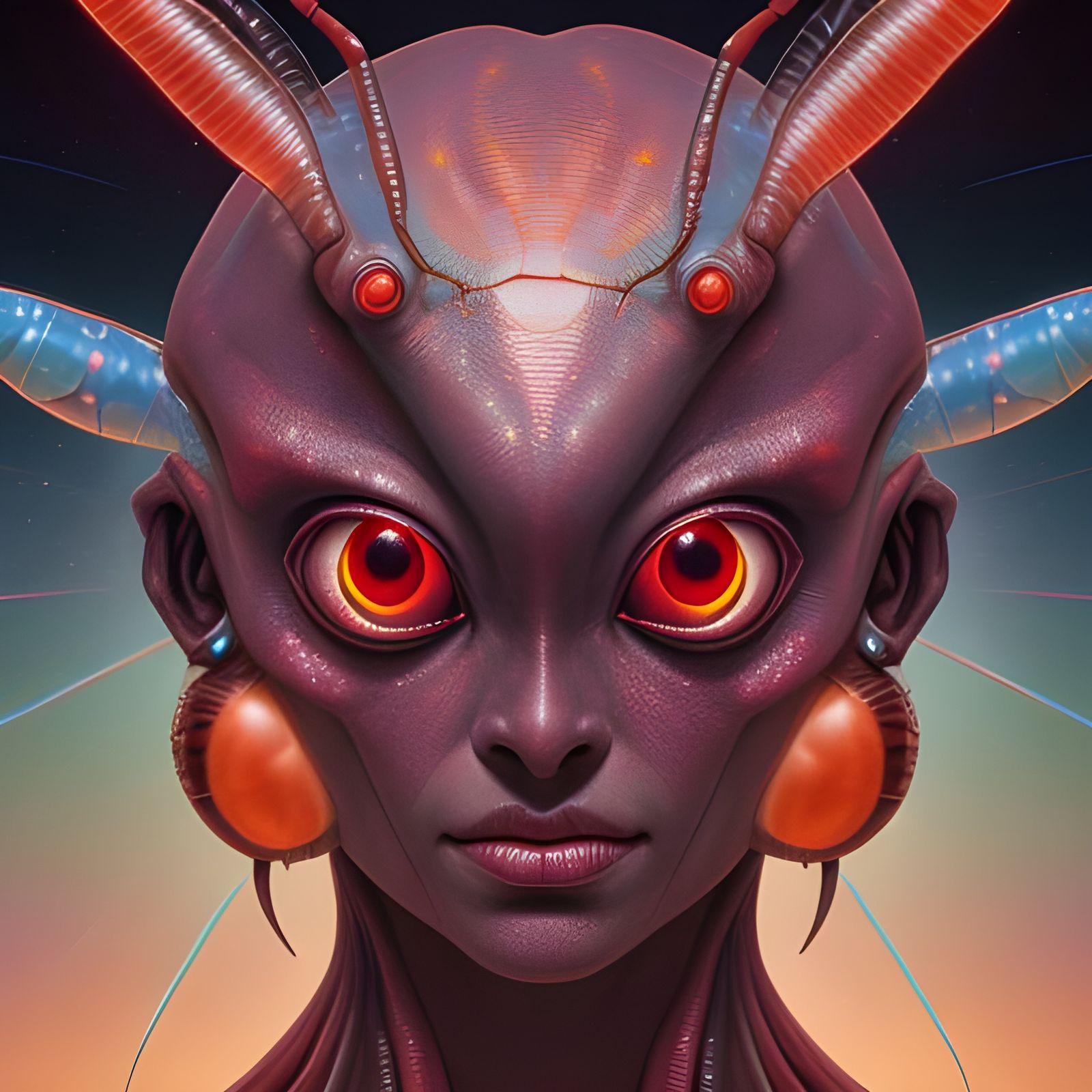 Insectoid Alien Head: Holographic Cosmic Illustration