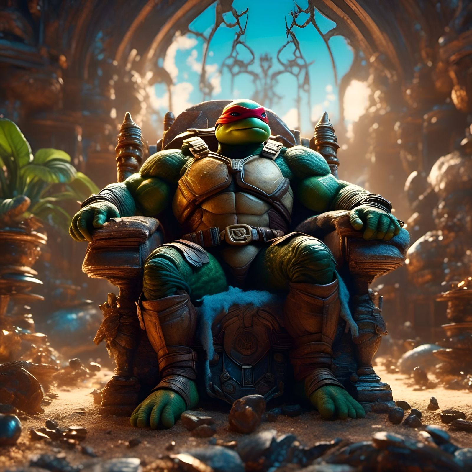 Photorealistic Ninja Turtle Raphael Relaxing Indoors