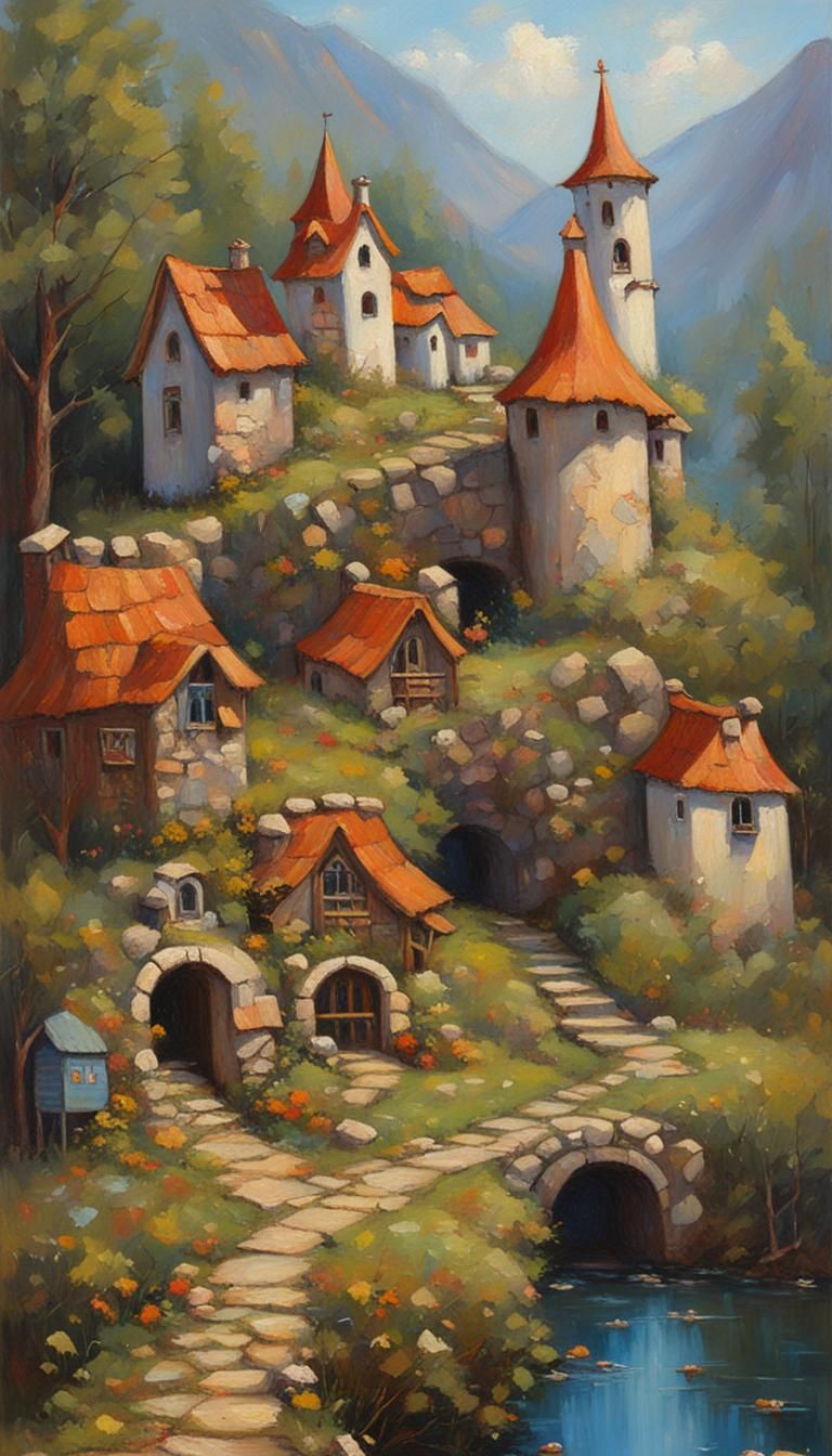 Enchanted Fairy Town in Oil Painting Style