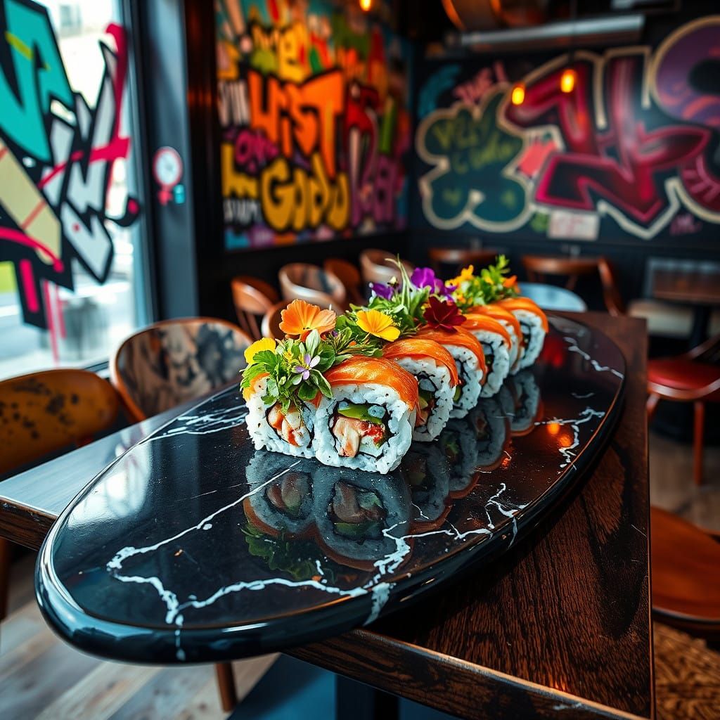 Sushi on Marble Surfboard: Vibrant Street Art in Oil Gouache...