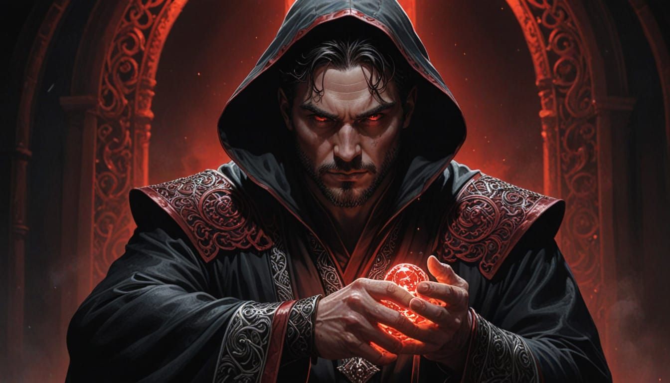 Mysterious Dark Sorcerer Illuminates Ominous Red Jewel