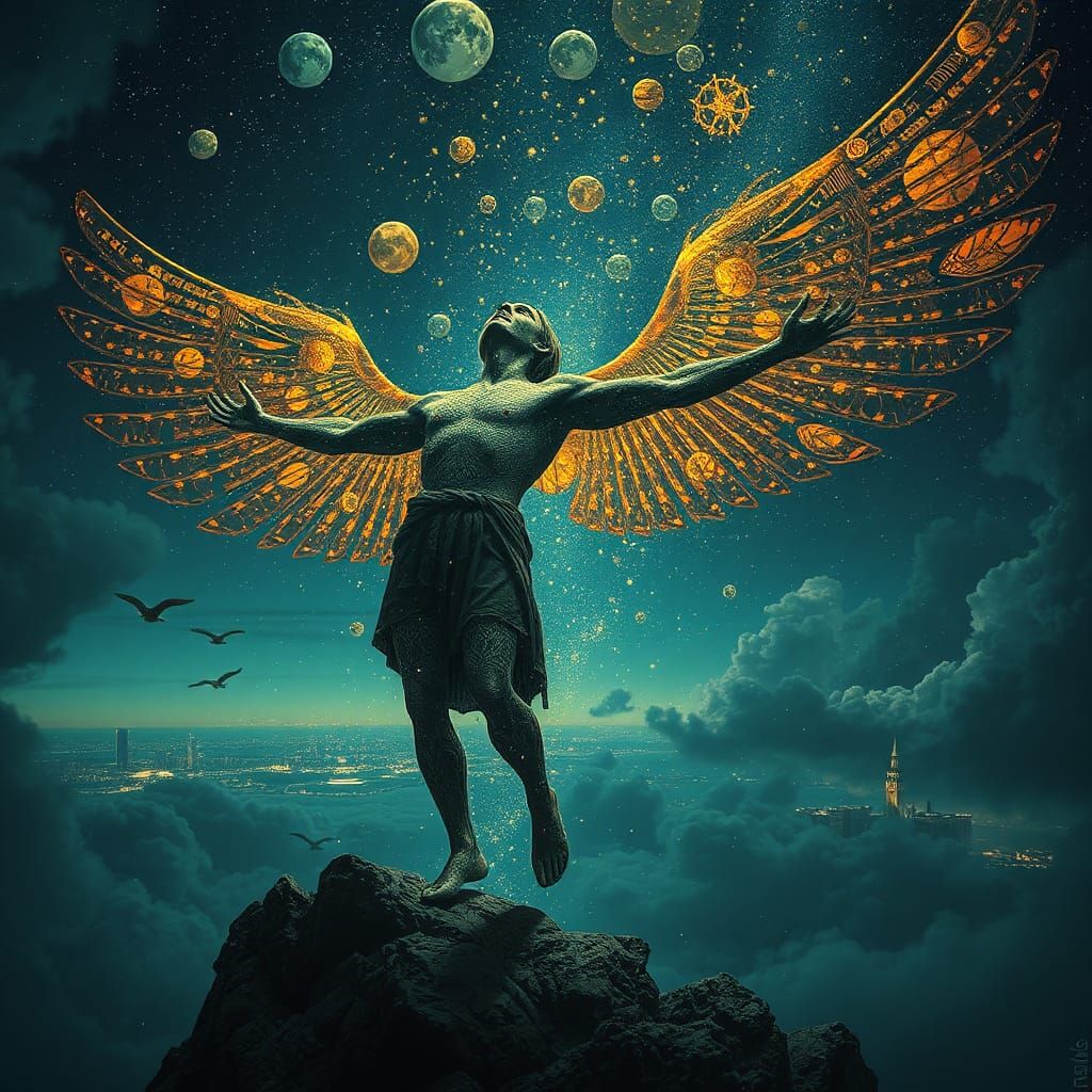 Icarus's Descent: A Vibrant Pointillist Vision