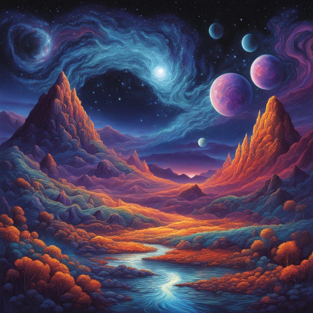 Ethereal Cosmic Cityscape Under New Moon