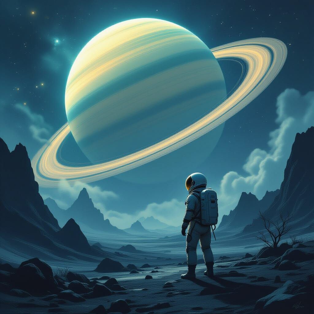 Astronaut Gazes at Saturn Rings in Dark Fantasy Style