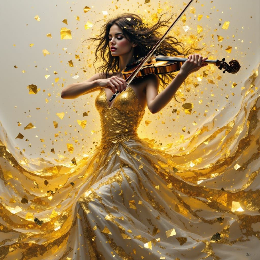 Woman Playing Violin in Flowing Gown with Gold Accents
