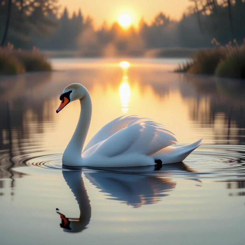 Majestic Swan on Mirror Pond at Dawn