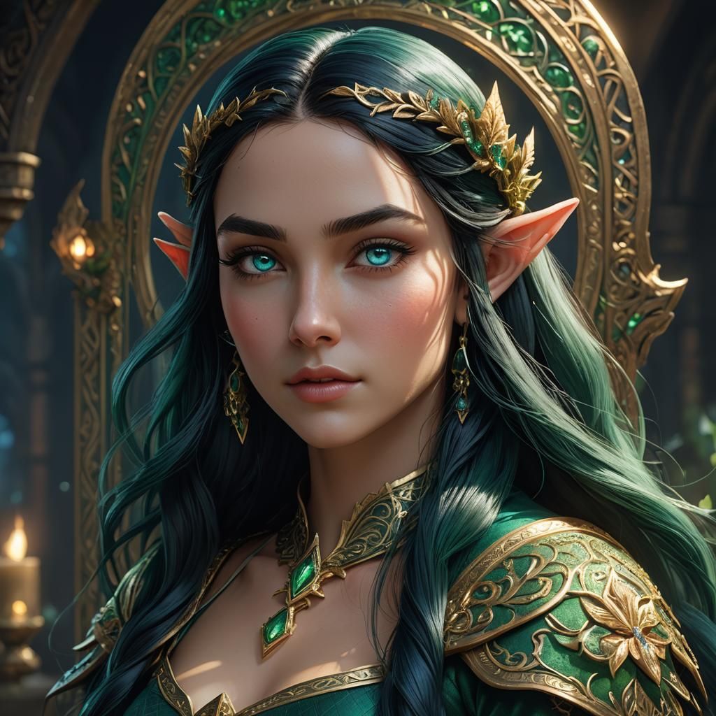 Teenage Elf Princess Portrait in Emerald and Sapphire