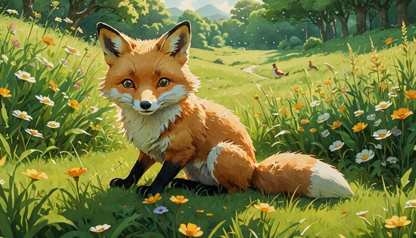 Cute Fox Hugging Chicken in Ghibli Meadow
