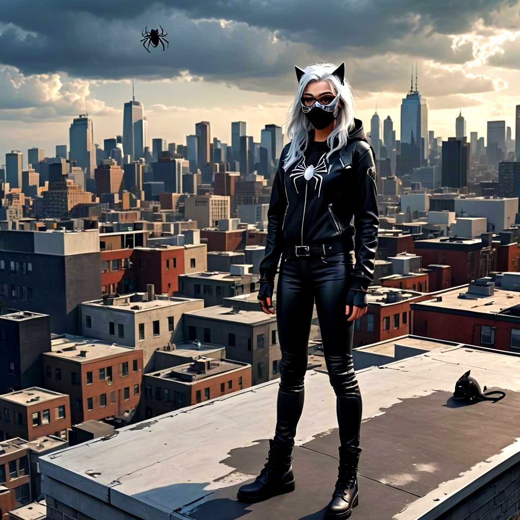 Teenage Spider Hero and Black Cat on Rooftop