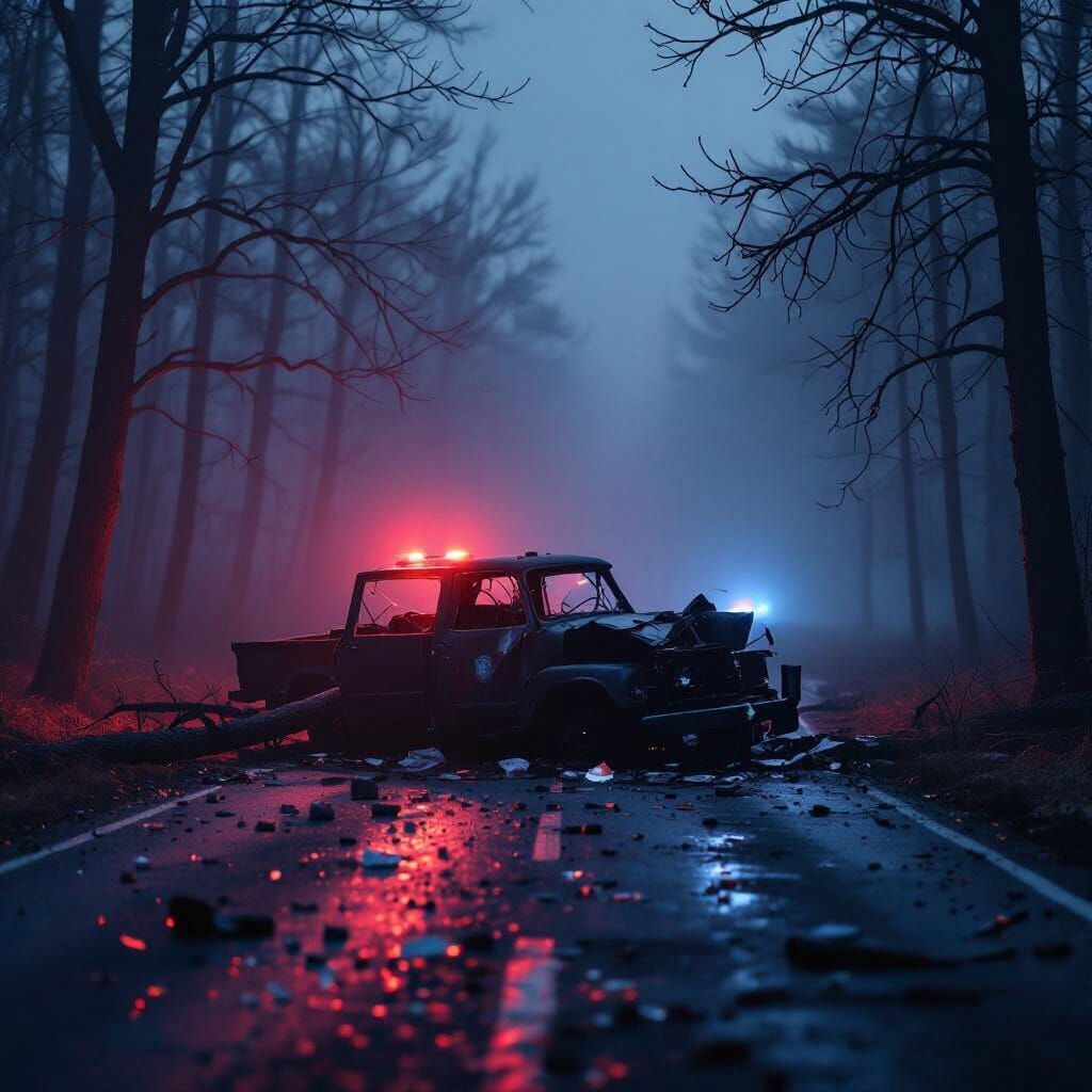 Cinematic Night Accident Scene with Foggy Road and Police Li...