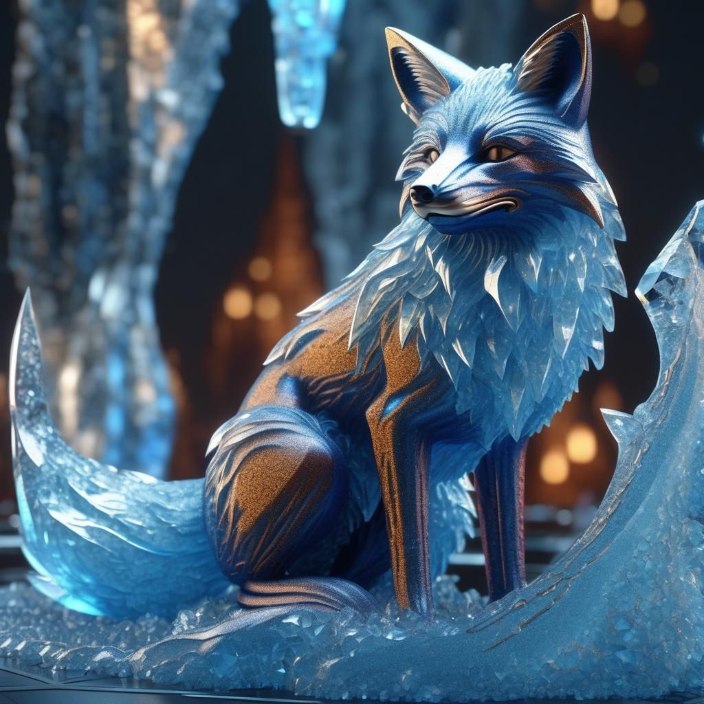 Blue Ice Fox Sculpture with Fractal Effects