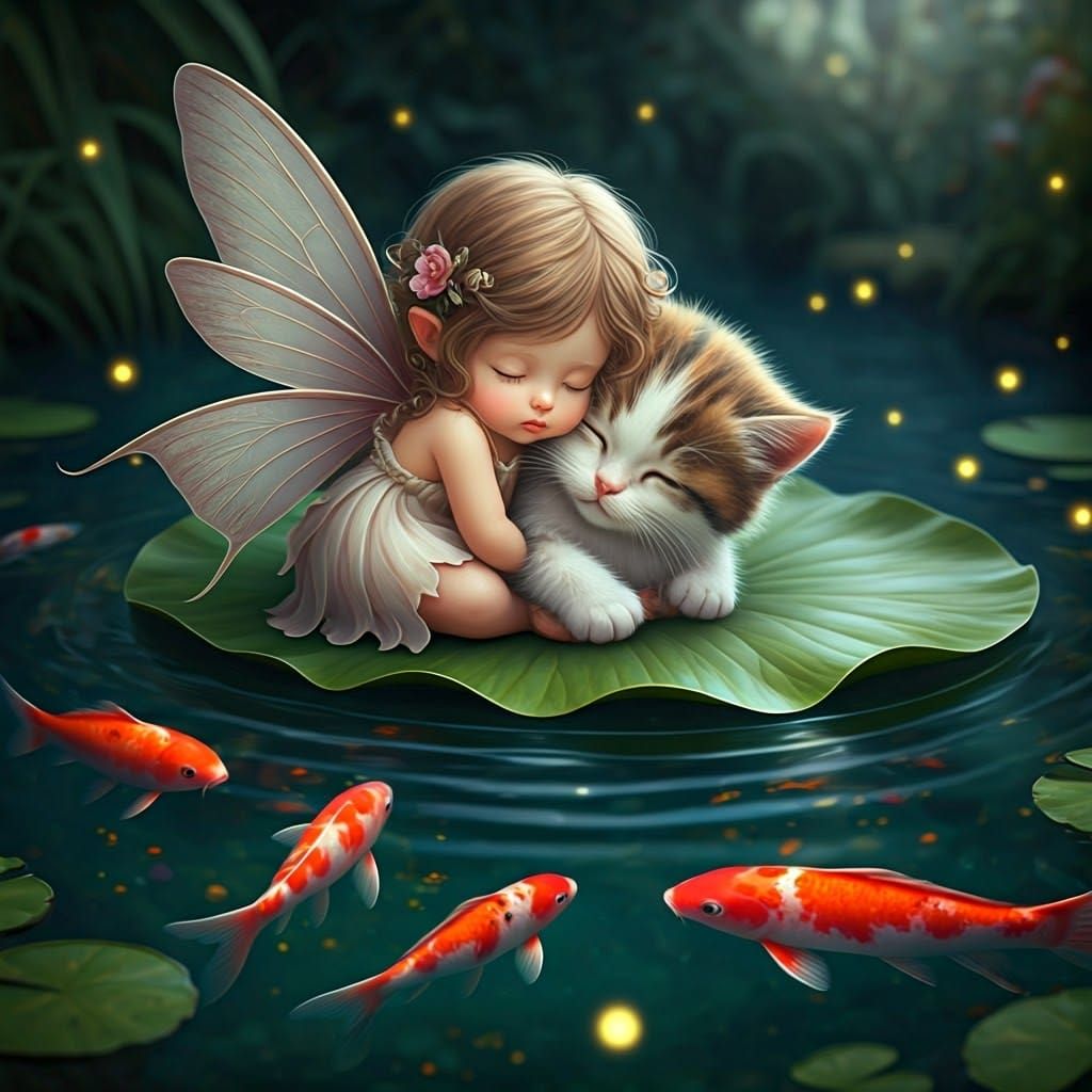 Fairy and Kitten Asleep on Pond Leaf