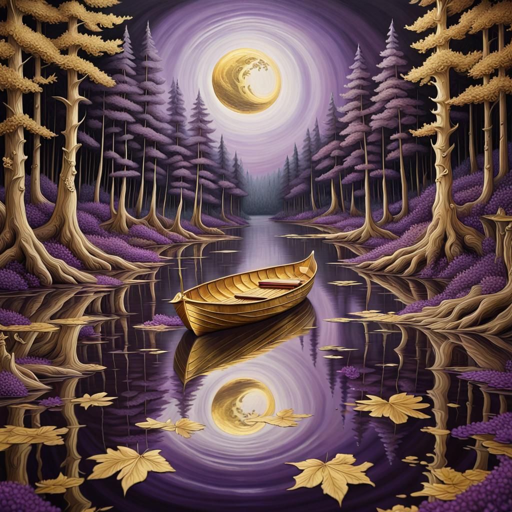 Gold-Leaf Boat on Forest Lake at Night