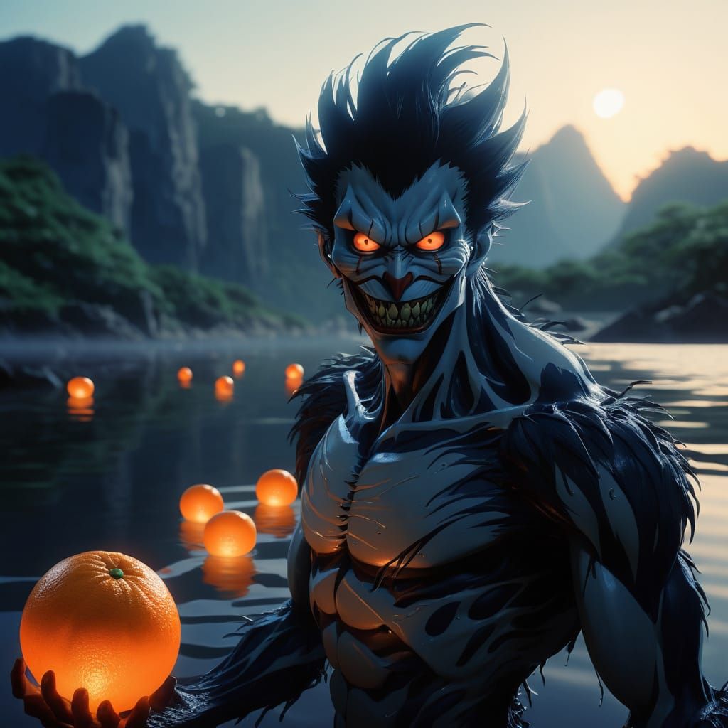 Anime-Style Ryuk Rises from Water with Radiant Orange Eyes