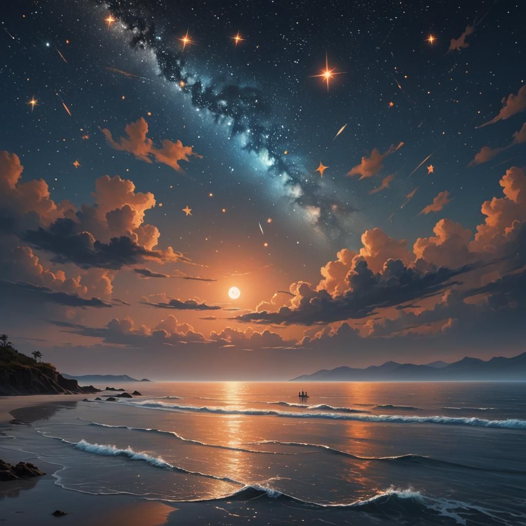 Seastars Dance in Moonlit Night Sky