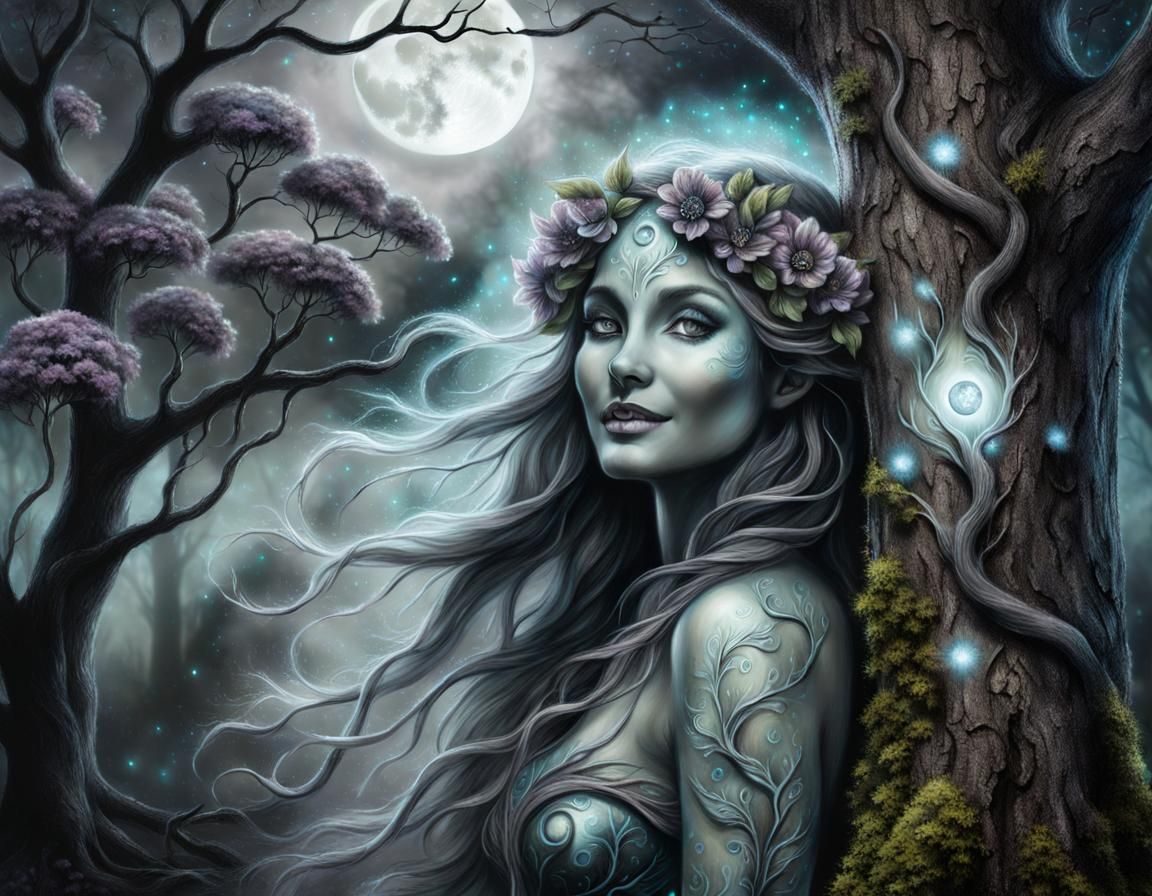 Bioluminescent Dryad in Tenebrism Charcoal and Pastel Illust...
