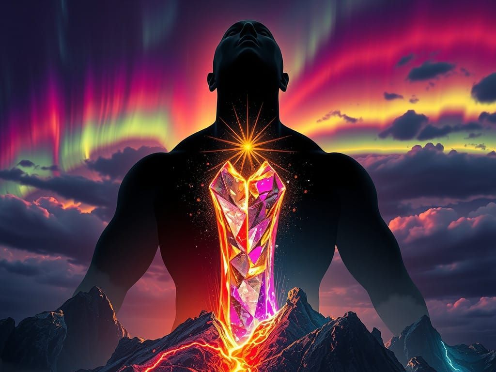 Chiaroscuro. Towering HEADHUNTER silhouette of swirling irid...