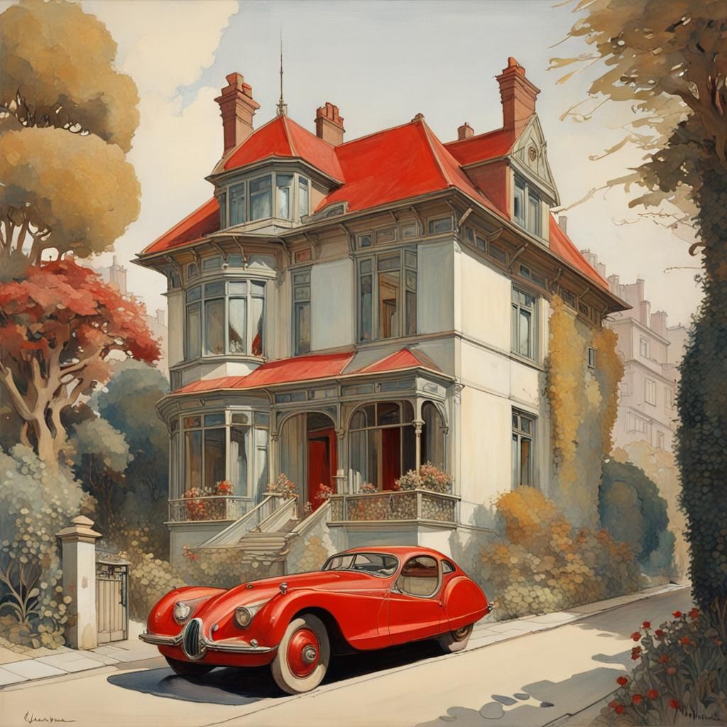 Beautiful House with red Jaguar-e-type