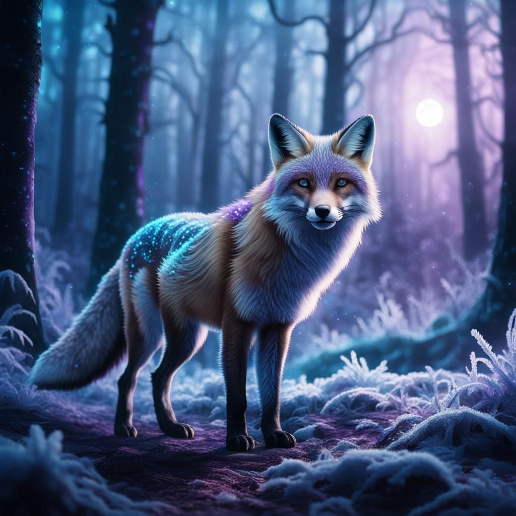 Crystal Fox in Misty Forest: Digital Matte Painting