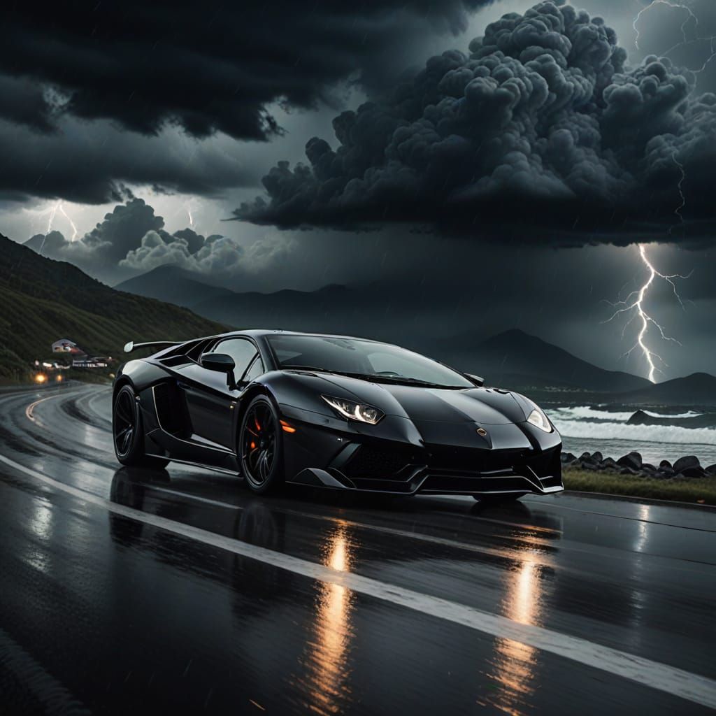 Luxury Sports Car Dominates Ominous Stormy Landscape