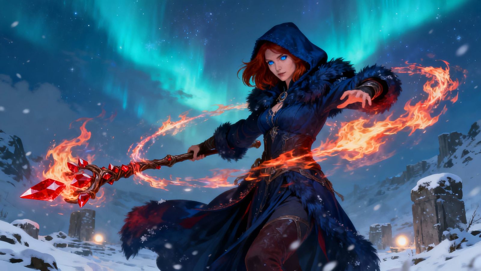 Dark Sorceress Conjuring Fire Magic Under Northern Lights