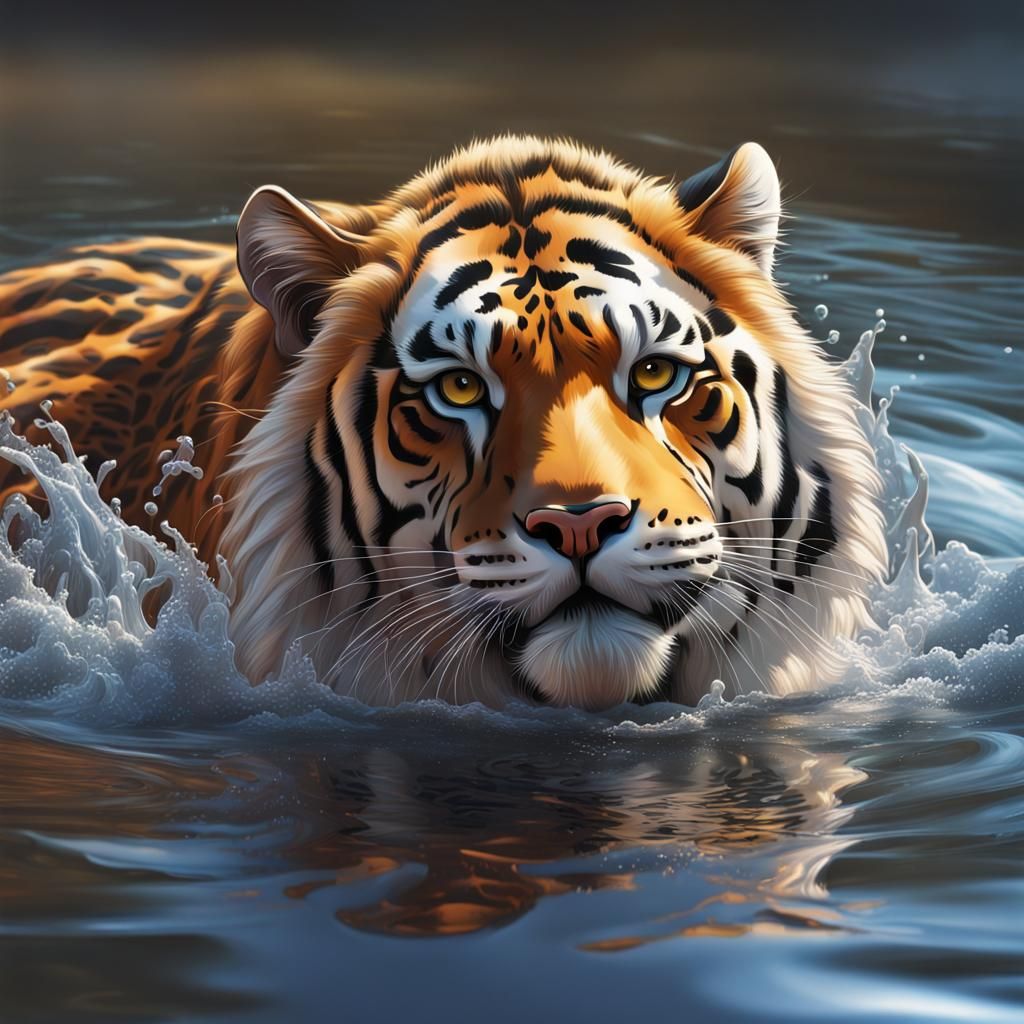 Glass Tiger in Stream: Hyperrealistic Splash Art