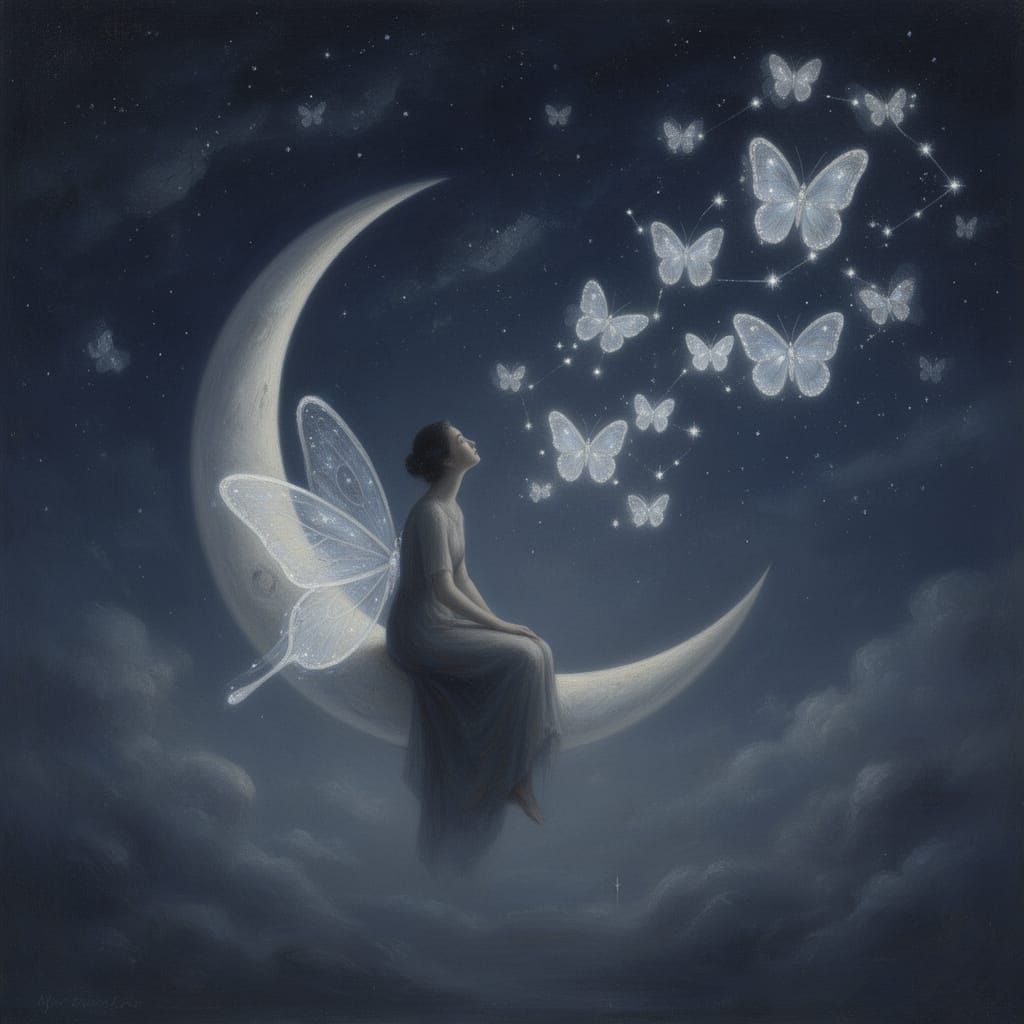 Melancholic Figure on Moon Gazing at Butterfly Constellation