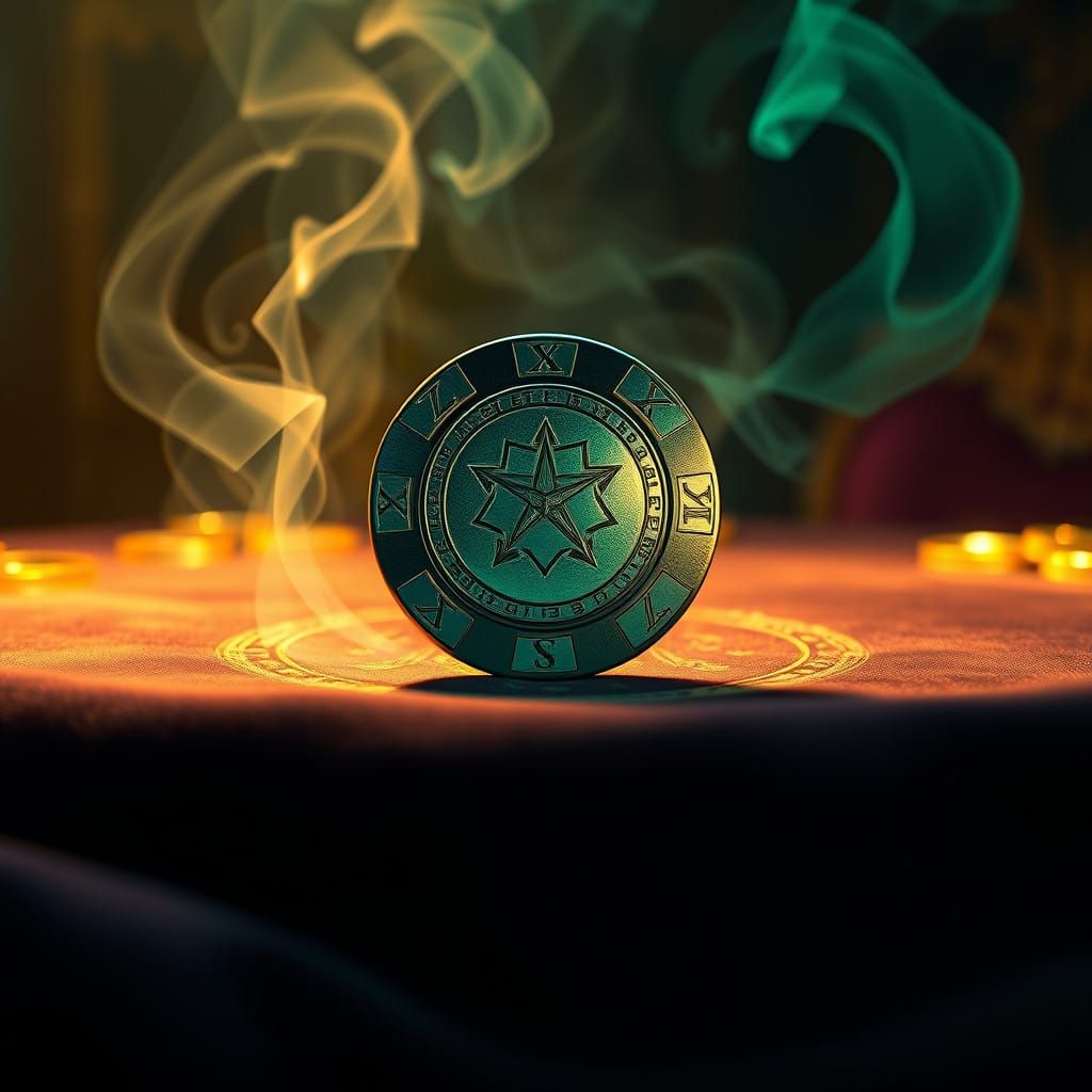 Mystical Poker Chip on Velvet Table in Fantasy Realm