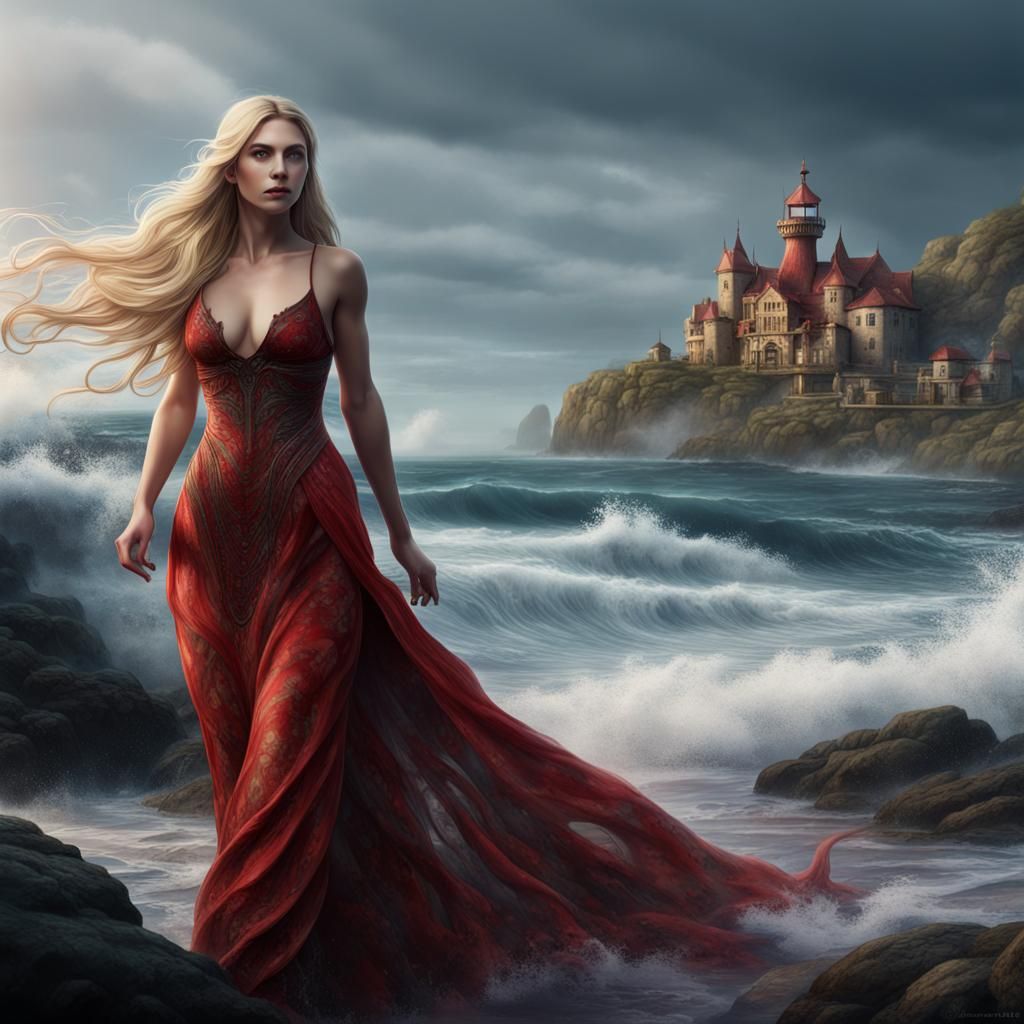 Blonde Woman in Red Dress with Ink Splatters