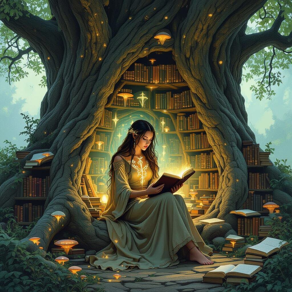 Enchanted Woman in Ancient Tree: Painterly Style