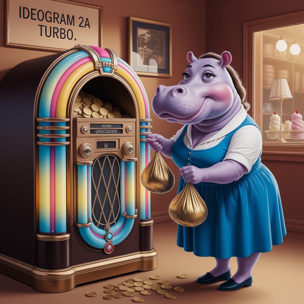 Surreal Hippo Feeds Jukebox in Dali Style