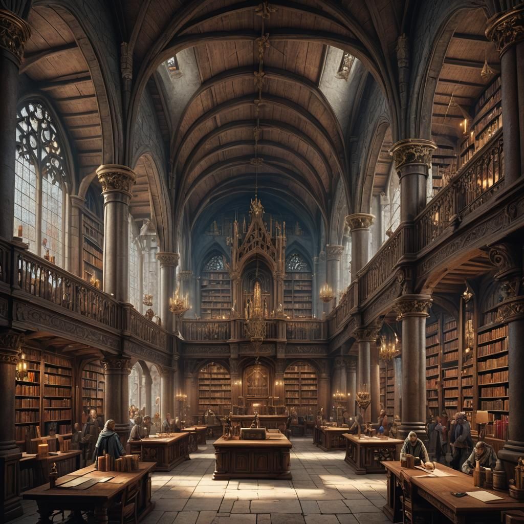 Medieval Library with Scribes: Fantasy Concept Art