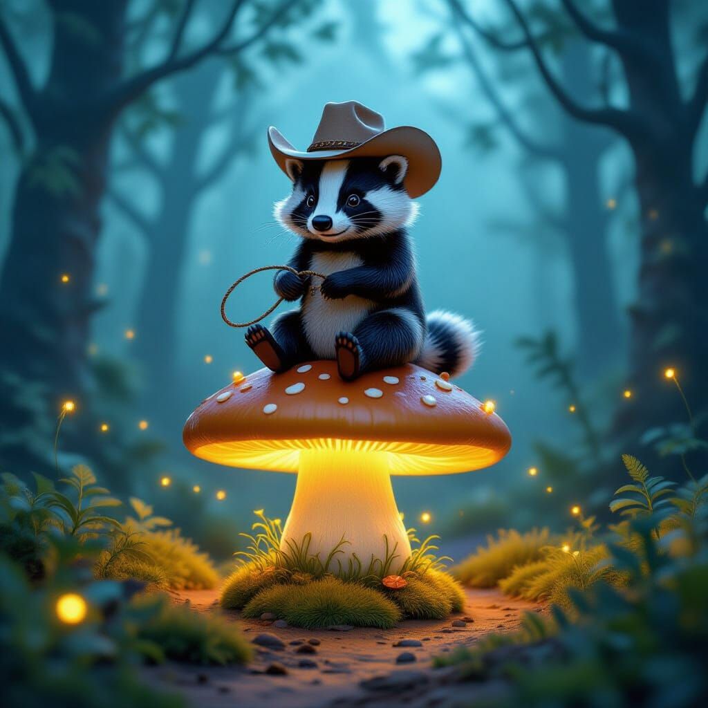 Badger Cowboy on Glowing Mushroom in Enchanted Forest