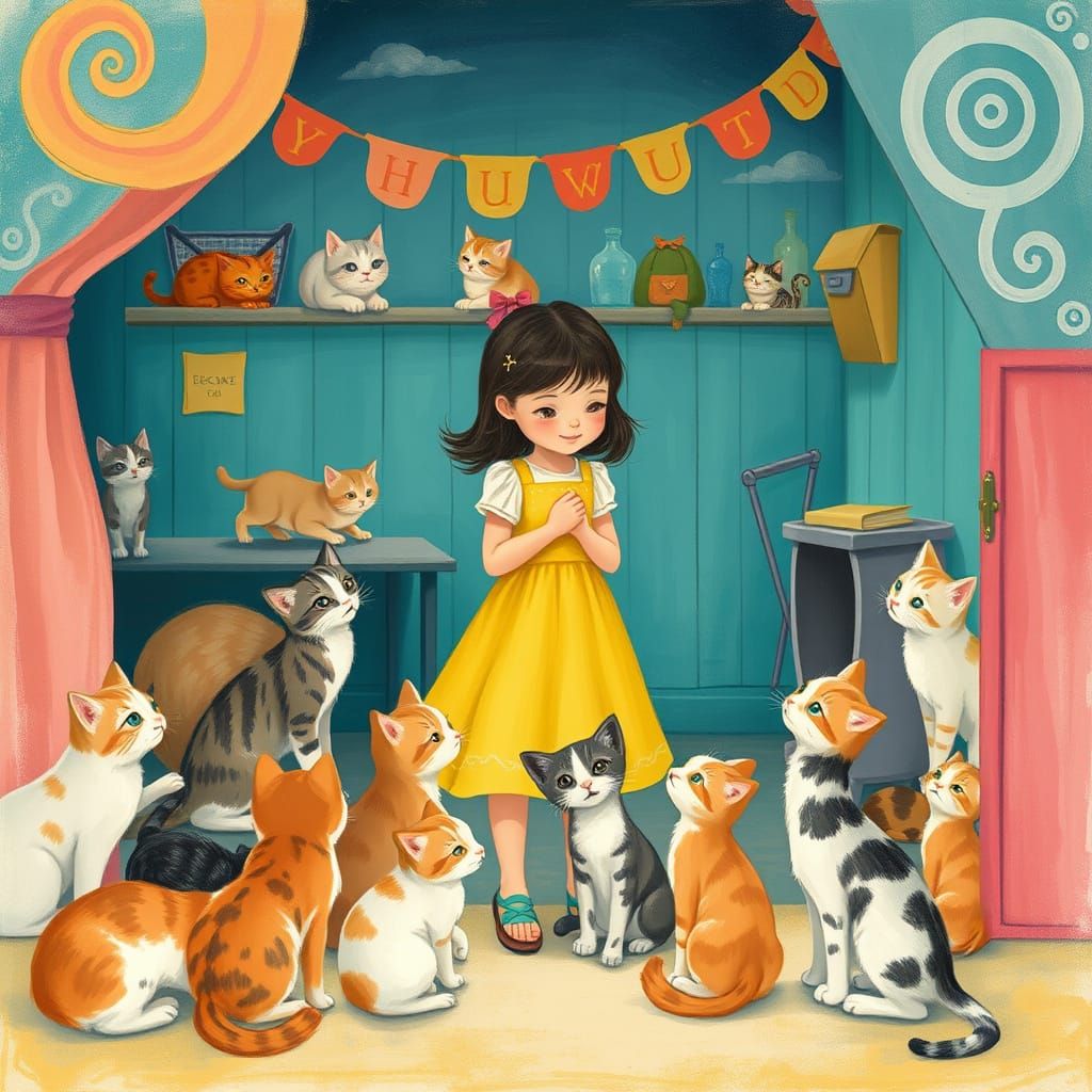 Girl Adopts Kitten in Pastel Gouache Style