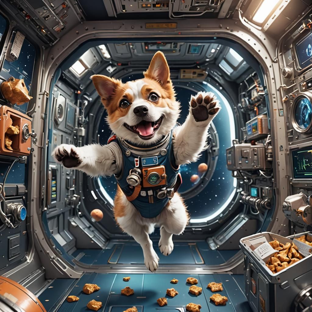 Dog in Space Station Eating: Detailed Matte Painting