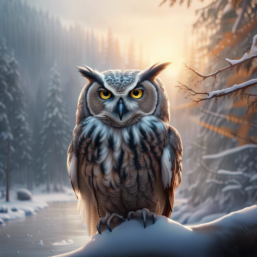 Photorealistic Owl in Snowy Woods at Sunrise