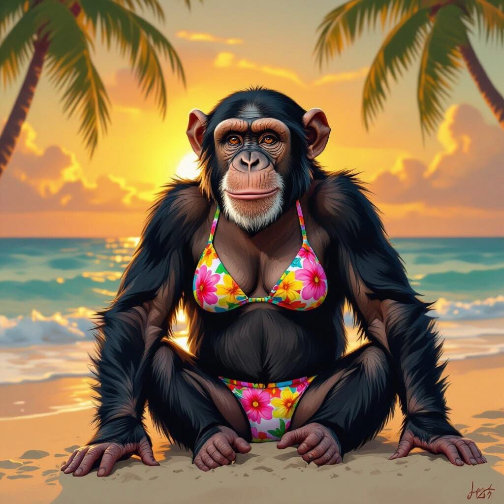 Chimpanzee in Floral Bikini on Tropical Beach at Sunset