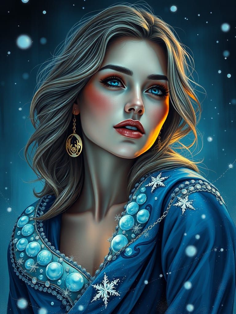 Sultry Woman in Blue and Yellow Winter Attire, Holding a Lux...