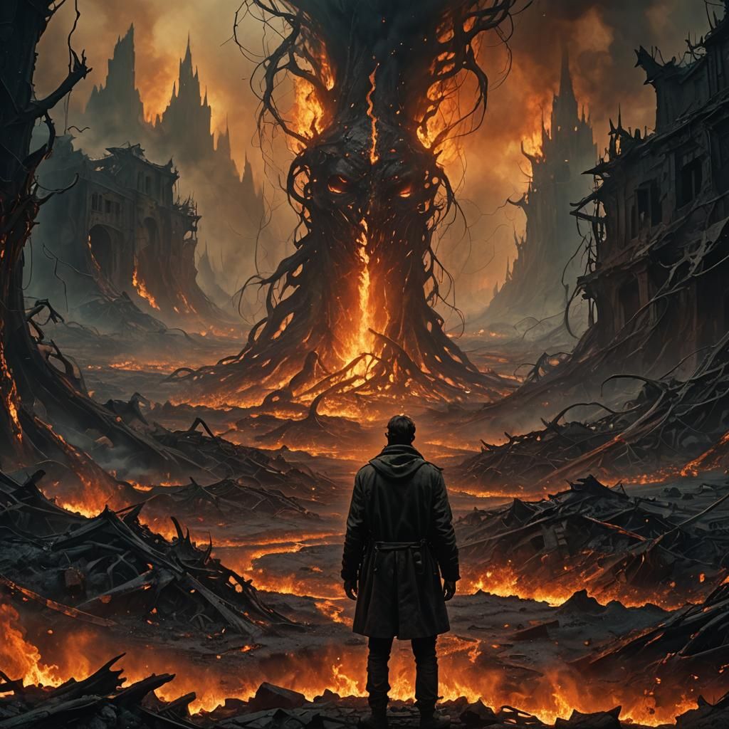 Hellish Landscape with Armored Warrior in Dark Surrealism