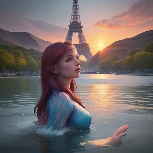 Giant Woman Plays Near Eiffel Tower at Sunrise