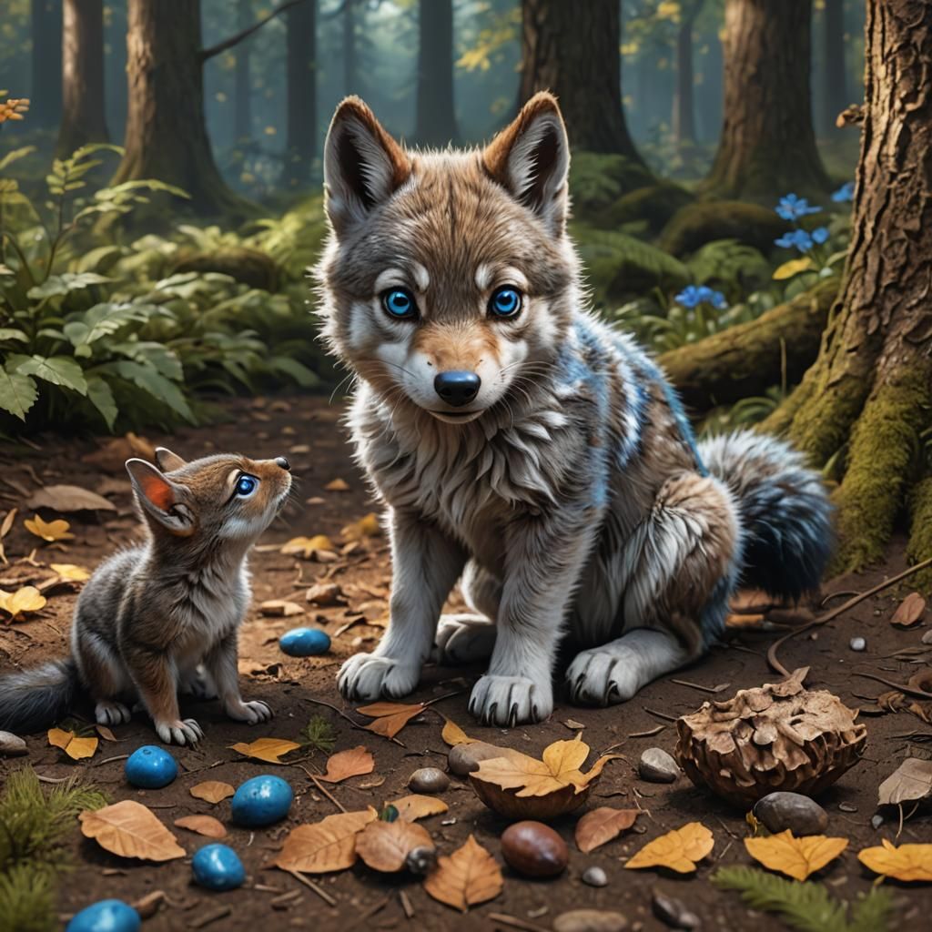 Baby Wolf and Squirrel: Fantasy Concept Art