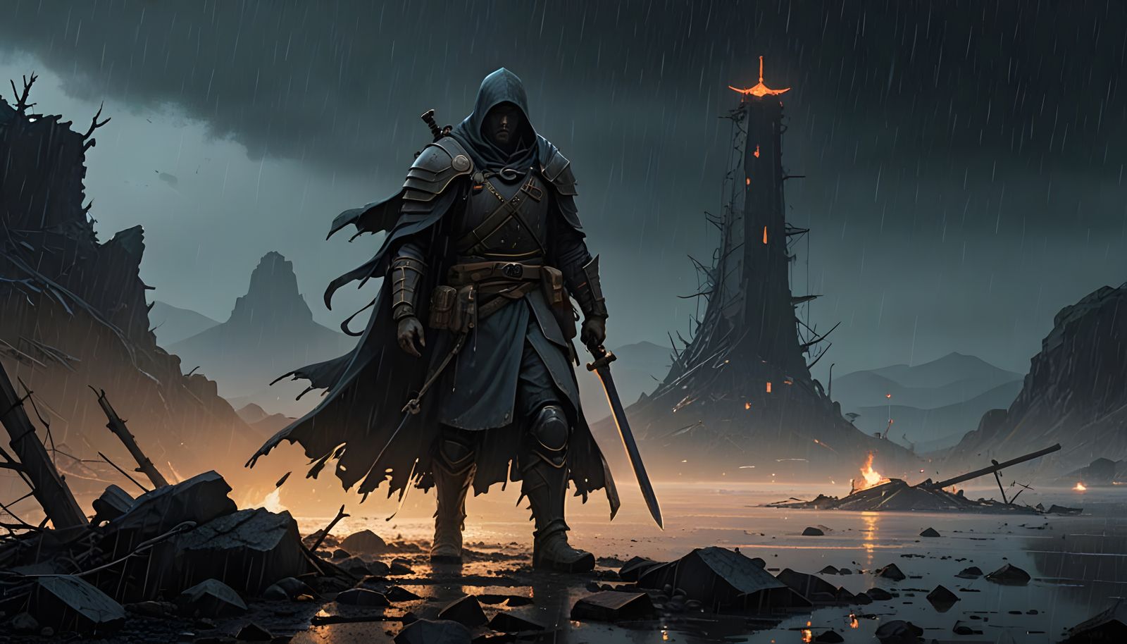 Warrior Walks through Desolate Battlefield with Soulmate's C...