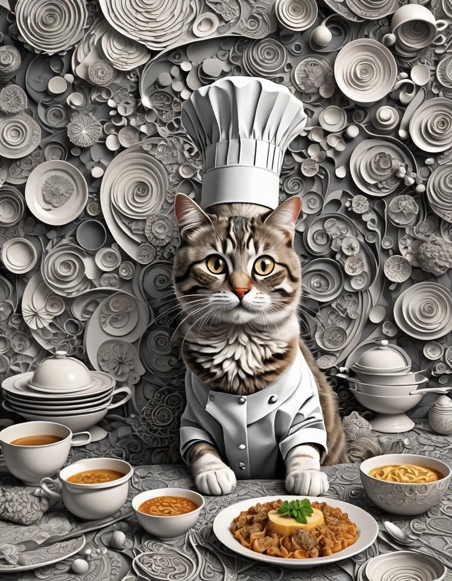 Chef Cat with Abstract Vector Fractal Elements