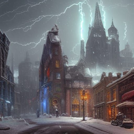 Steampunk City in Snowstorm with Lightning
