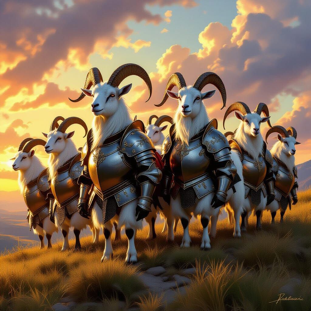 Epic Fantasy Goats in Medieval Armor at Sunset
