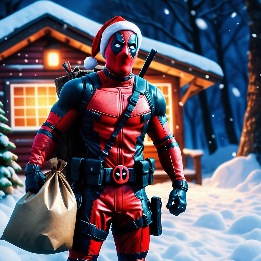 Hyper-Realistic Deadpool as Bad Santa in Vivid Winter Wonder...