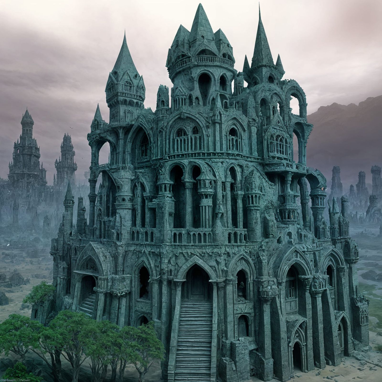 Ruined Geometric City on Desert Island in Escher Style